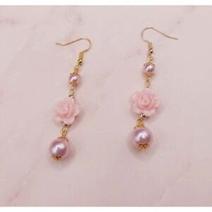 Handmade Drop Dangle Earrings Pink Floral Rose Pearl Jewelry